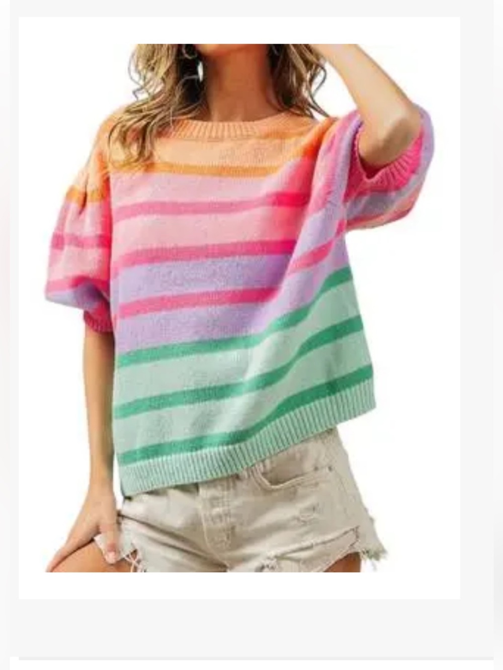 BiBi Pastel Rainbow 🌈 Striped Short-Sleeve Crewneck Sweater large new